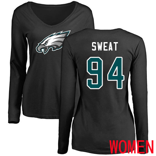 Women Philadelphia Eagles #94 Josh Sweat Black Name and Number Logo Slim Fit Long Sleeve NFL T Shirt.->nfl t-shirts->Sports Accessory